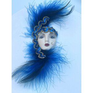 Fancy Faces Handcrafted Porcelain Brooch With Blue Feathers Sequins & Rhineston